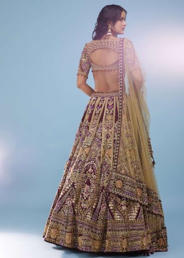 Wine Red Queenly Bridal Lehenga In Velvet With Heavy Floral Embroidery - NOOR 2022
