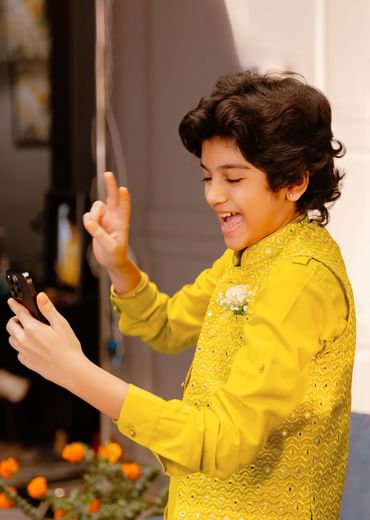 Kalki Yellow Embroidered Bandi Jacket Set With Abla Work For Boys