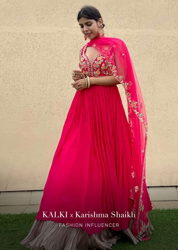 Rani Pink Anarkali Suit In Crushed Georgette With A Hand Embroidered Bodice Adorned In Multi Colored Resham And Sequins Work Rani Pink Anarkali Suit In Crushed Georgette With A Hand Embroidered Bodice Adorned In Multi Colored Resham And Sequins Work