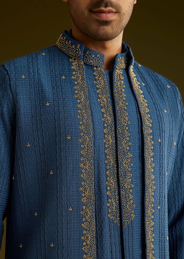 Knit Kurta Jacket Set With Moti Work In Navy Blue