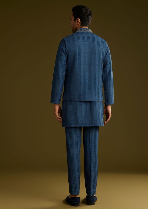 Knit Kurta Jacket Set With Moti Work In Navy Blue