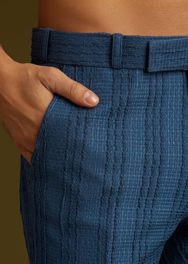 Knit Kurta Jacket Set With Moti Work In Navy Blue