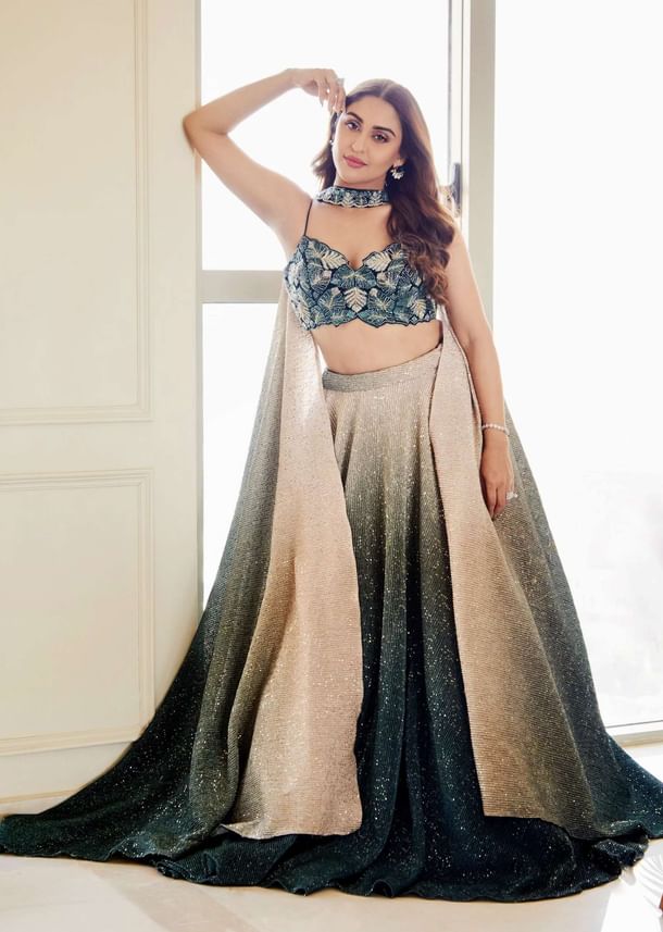 Deep Green Ombre And Gold Embroidered Lehenga Set With Sequins Embroidery Deep Green Ombre And Gold Embroidered Lehenga Set With Sequins Embroidery