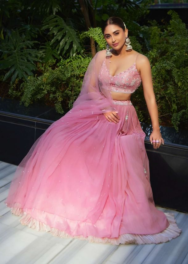 Petal Pink Embroidered Bridesmaid Lehenga Set In Crepe