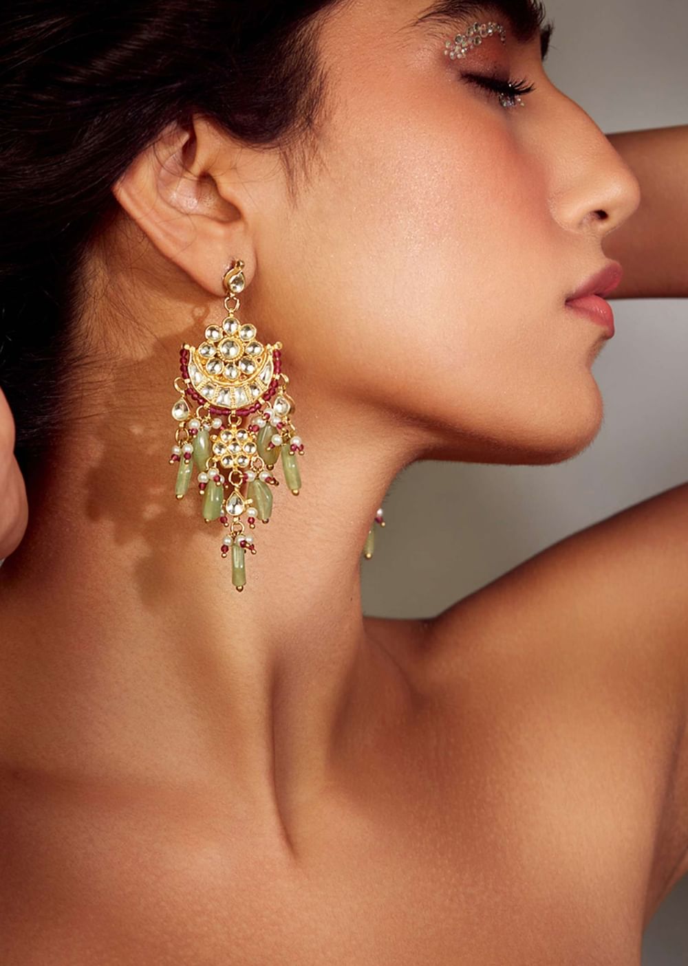 Kundan Earrings With Red Onyx And Mint Fluorite Stones