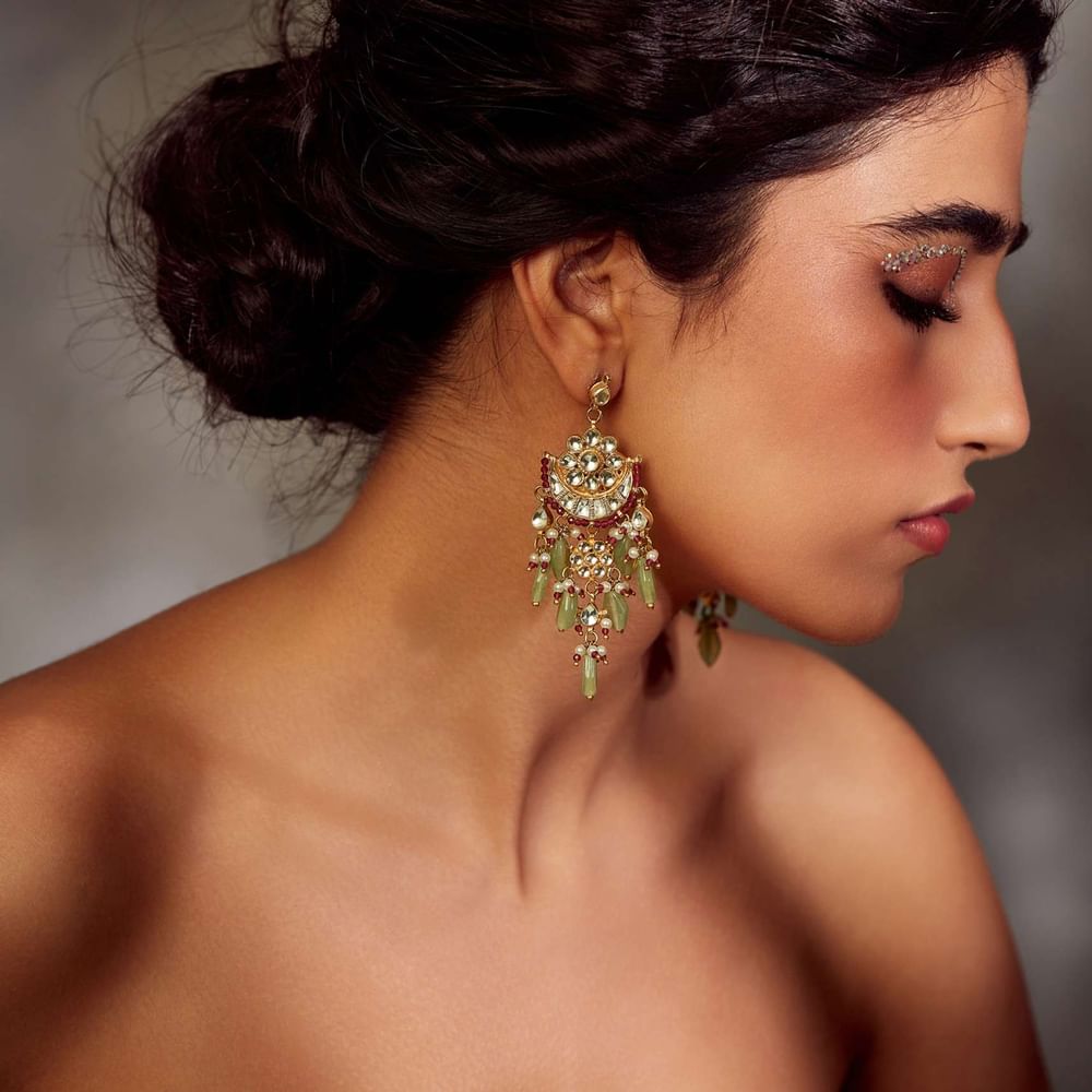 Kundan Earrings With Red Onyx And Mint Fluorite Stones