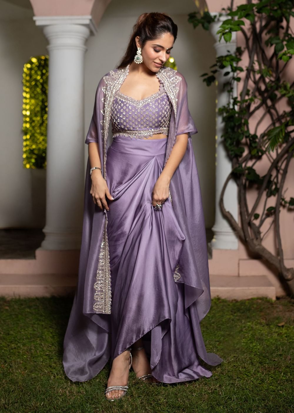 Lavendar Embroidered Crop Top And Sequin Work Jacket With Draped Skirt