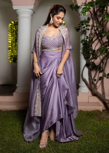 Lavendar Embroidered Crop Top And Sequin Work Jacket With Draped Skirt