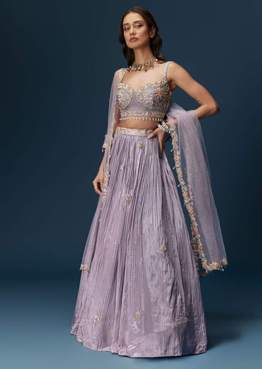 Lavender Bridesmaid Lehenga With Sweetheart Neckline Blouse And Embroidered Dupatta