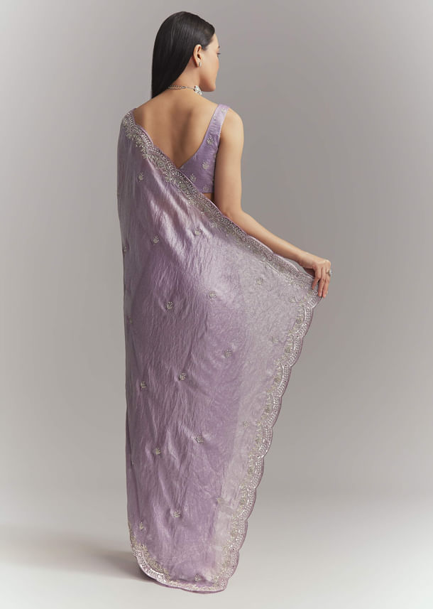 Lavender Chinon Embroidered Saree With Floral Embroidery