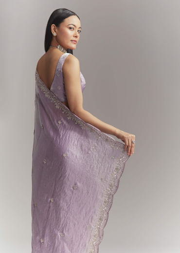 Lavender Chinon Embroidered Saree With Floral Embroidery