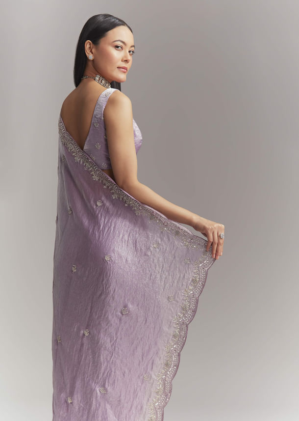 Lavender Chinon Embroidered Saree With Floral Embroidery