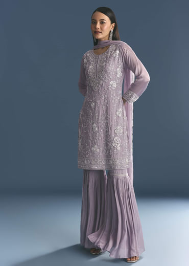 Lavender Chinon Kurta Sharara Suit With Moti Work