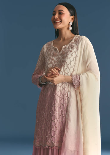 Lavender Chinon Ombre Kurta Palazzo Suit With Sequins Thread Work