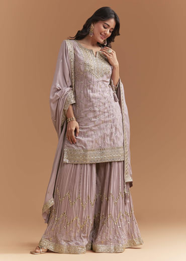 Lavender Chinon Palazzo Suit With Intricate Sequins Work