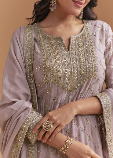 Lavender Chinon Palazzo Suit With Intricate Sequins Work