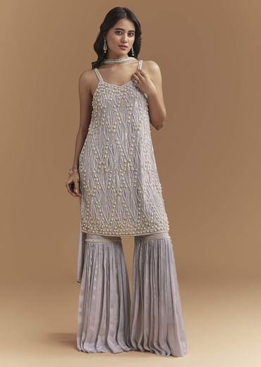 Lavender Chinon Sharara Suit With Beads And Moti Work