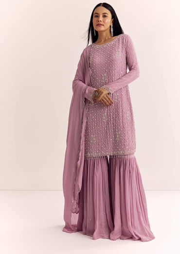 Lavender Chinon Sharara Suit With Cutdana Moti And Sequins
