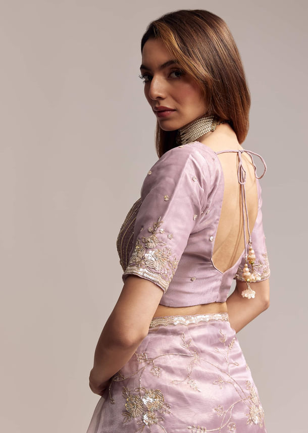 Lavender Crush Tissue Saree With Floral Embroidery