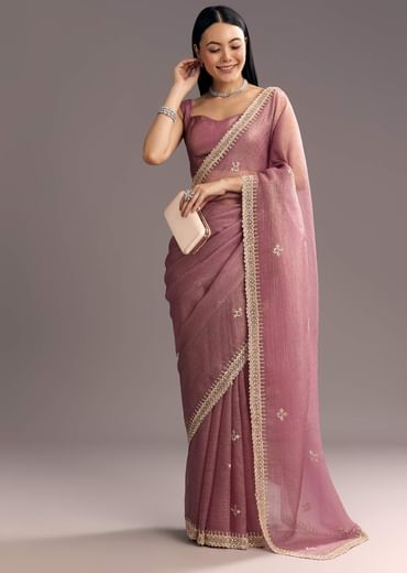 Lavender Crushed Tissue Saree With Stones And Cutdana Embroidery