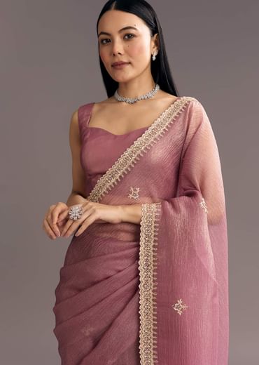 Lavender Crushed Tissue Saree With Stones And Cutdana Embroidery