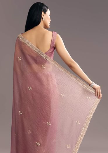 Lavender Crushed Tissue Saree With Stones And Cutdana Embroidery