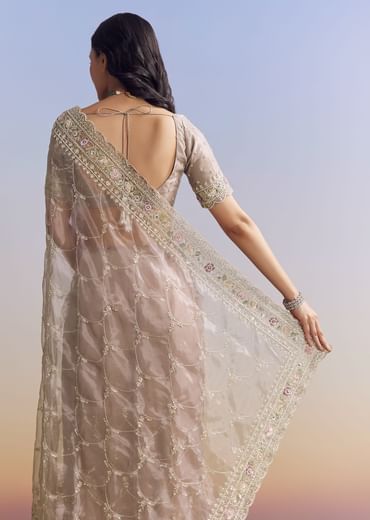 Lavender Glass Tissue Saree With Multicolor Sequins And Heavy Jaal