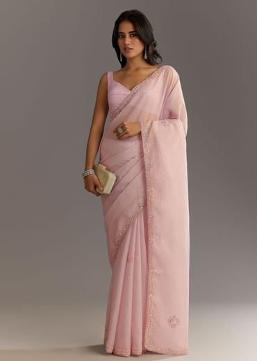 Lavender Glossy Finish Crushed Tissue Saree With Cutdana Moti Embroidery
