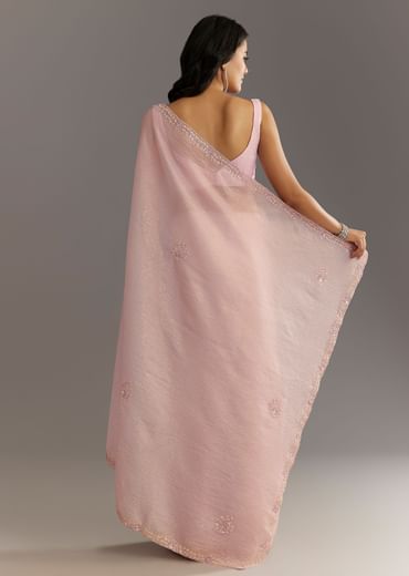 Lavender Glossy Finish Crushed Tissue Saree With Cutdana Moti Embroidery