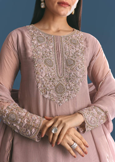 Lavender Organza Kurta Palazzo Suit With Zardosi Work