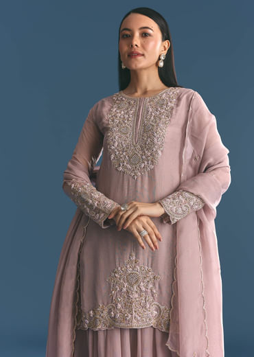 Lavender Organza Kurta Palazzo Suit With Zardosi Work