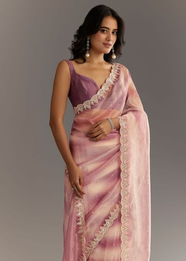 Lavender Shibori Organza Saree With Cutwork Scallop Embroidered Border