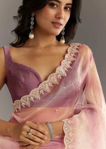 Lavender Shibori Organza Saree With Cutwork Scallop Embroidered Border