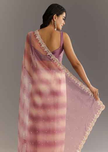 Lavender Shibori Organza Saree With Cutwork Scallop Embroidered Border