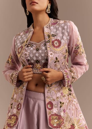 Lavender Silk Embroidered Jacket Lehenga Set
