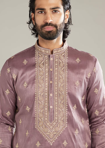 Lavender Silk Kurta Set For Men With Resham Hand Embroidery