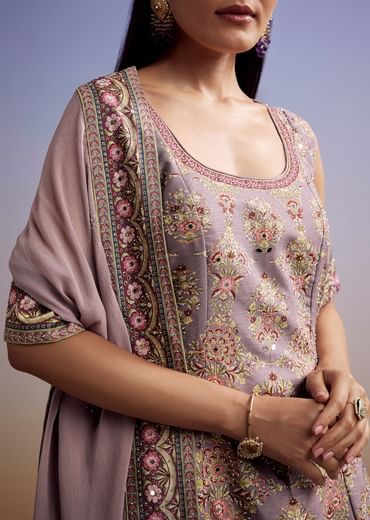 Lavender Silk Palazzo Suit With Stone Work And Printed Kurta