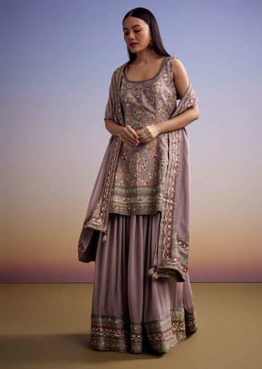 Lavender Silk Palazzo Suit With Stone Work And Printed Kurta