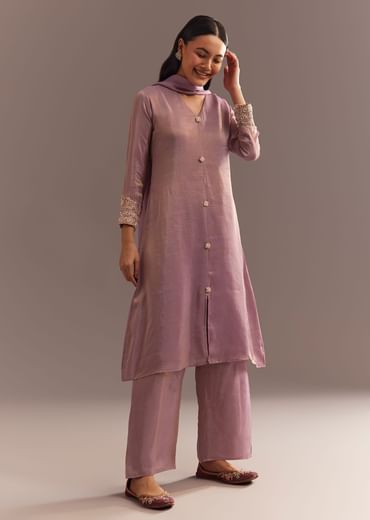 Lavender Tissue Embroidered Kurta Pant With Organza Dupatta