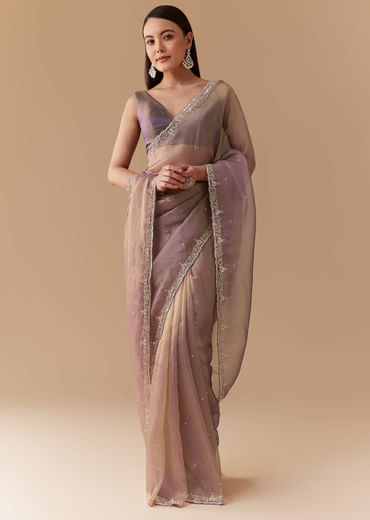 Lavender Tissue Embroidered Saree with Unstitched Blouse