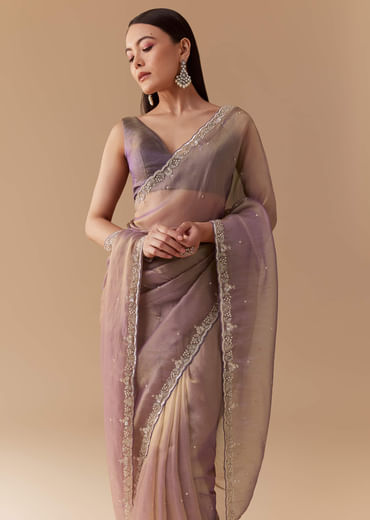 Lavender Tissue Embroidered Saree with Unstitched Blouse