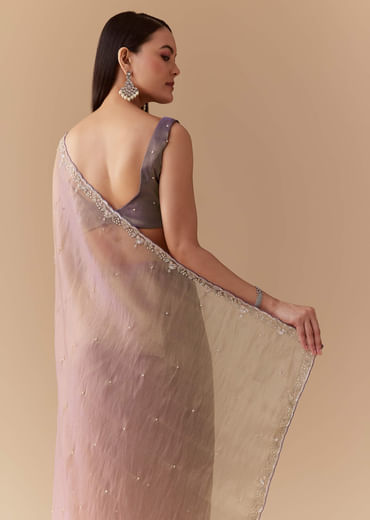 Lavender Tissue Embroidered Saree with Unstitched Blouse