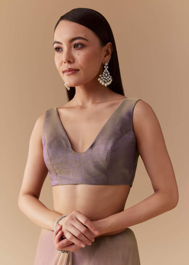 Lavender Tissue Embroidered Saree with Unstitched Blouse