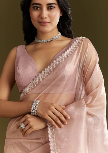 Lavender Tissue Saree With All Over Stone Embellishment And Cutdana Scallop Border