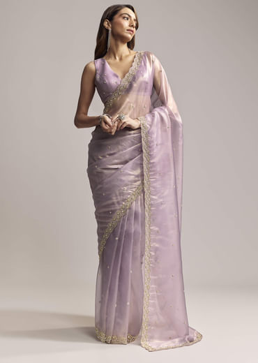 Lavender Tissue Saree With Cutdana And Butti Embroidery