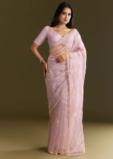 Lavender Tissue Saree With Cutdana And Sequins Embroidery And Scallop Border