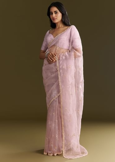 Lavender Tissue Saree With Cutdana And Sequins Embroidery And Scallop Border