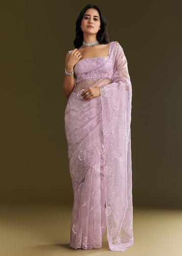 Lavender Tissue Saree With Floral Embroidery And Scallop Border