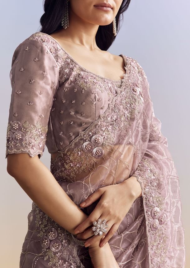 Lavender Tissue Saree With Floral Jaal