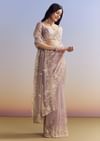 Lavender Tissue Saree With Floral Motifs In Moti Beads And Sequins